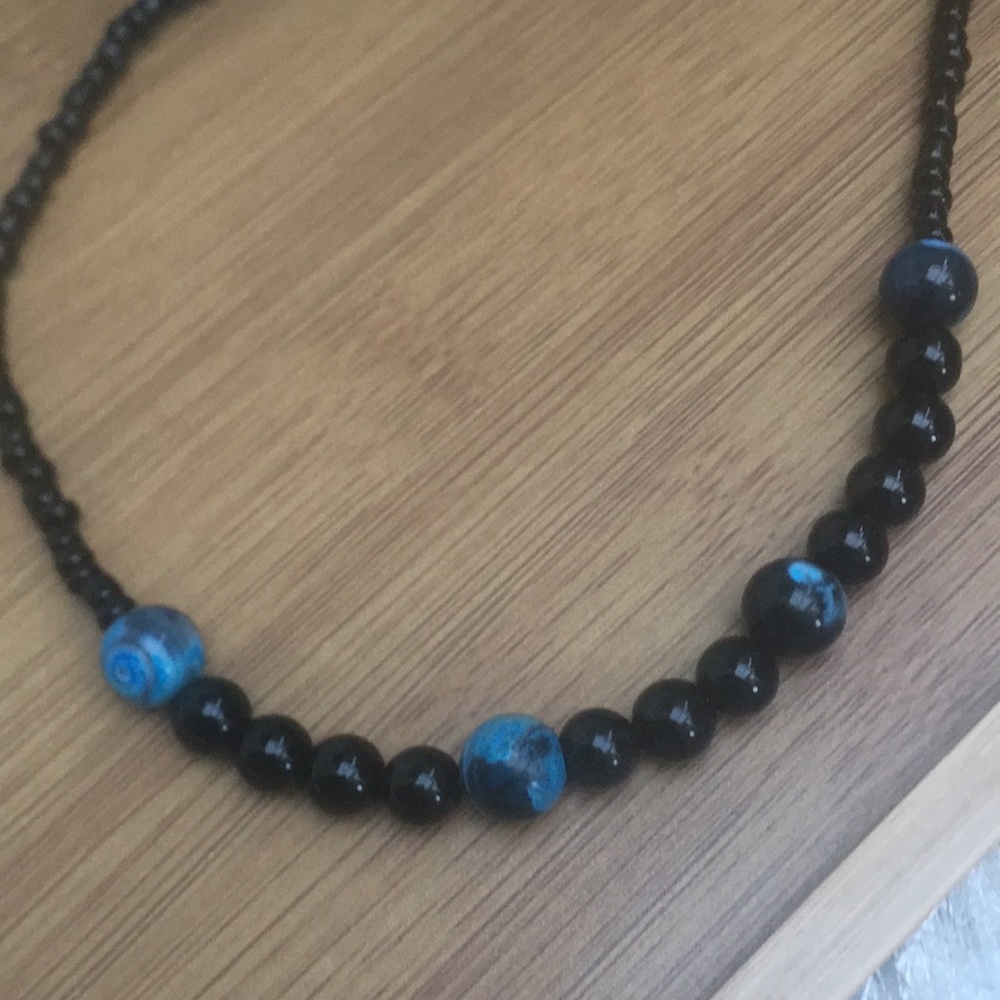 Artisan Hand Crafted Recycled Glass and Obsidian Stone Bead Necklace